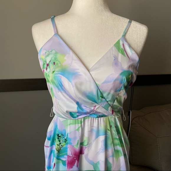 NICOLE MILLER spaghetti adjusted surplice neck open leg floral print satin sz XS - Picture 5 of 17